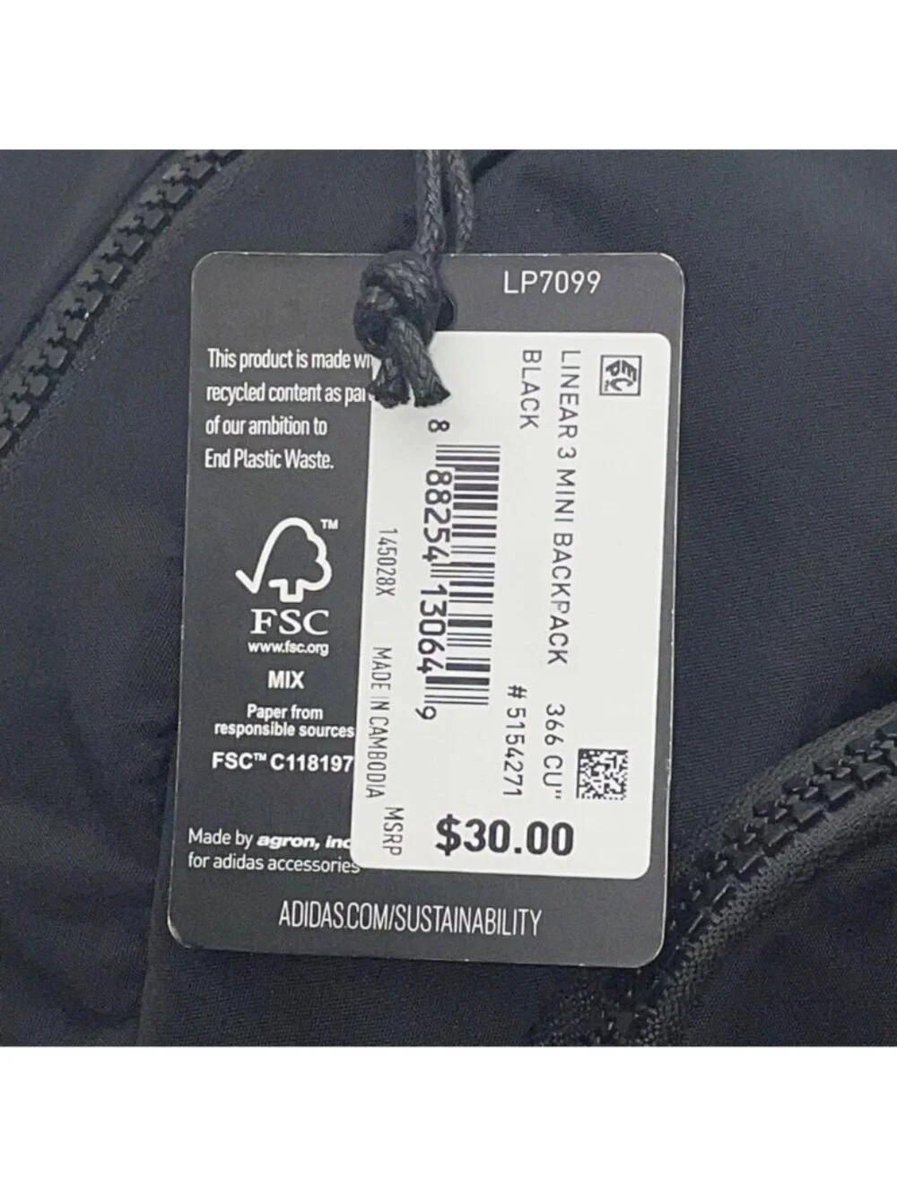 Adidas Unisex Black Recycled Content Adjustable Straps Linear 3 Mini Backpack - Picture 8 of 12